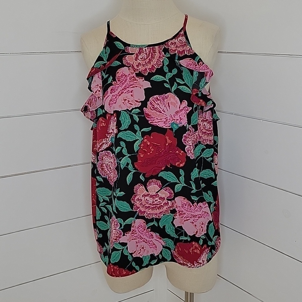 ELLE medium black with red & pink floral sleeveless blouse
